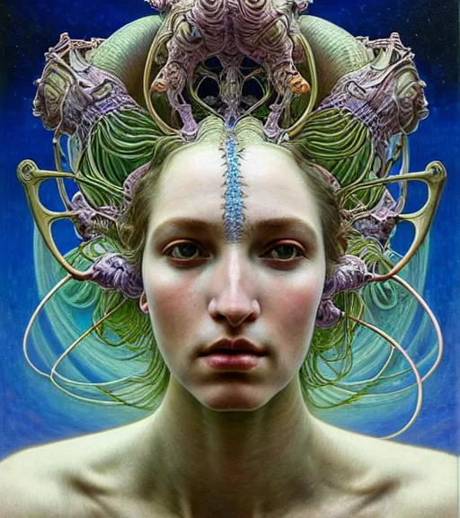 Prompt: detailed realistic beautiful young groovypunk queen of andromeda galaxy in full regal attire. face portrait. art nouveau, symbolist, visionary, baroque, giant fractal details. horizontal symmetry by zdzisław beksinski, iris van herpen!!!, raymond swanland and alphonse mucha. highly detailed, hyper - real, beautiful