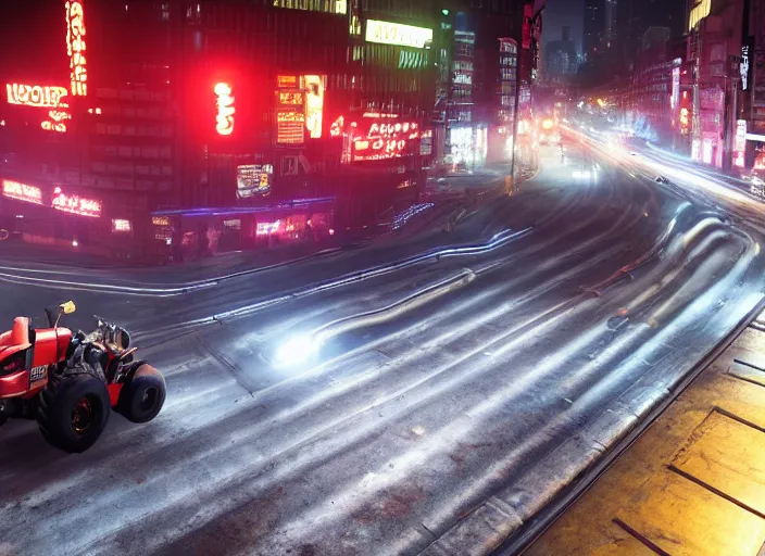 Image similar to a racing tractor drifting around the corner in a game of Need For Speed:Underground. moody cinematic lighting, night, Shibuya Crossing