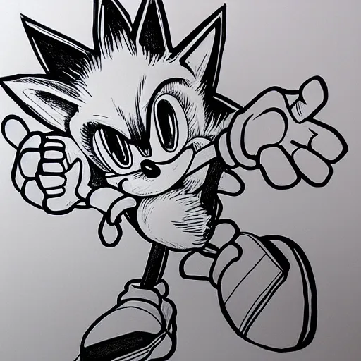 Prompt: sonic the hedgehog, single line drawing in ball point pen