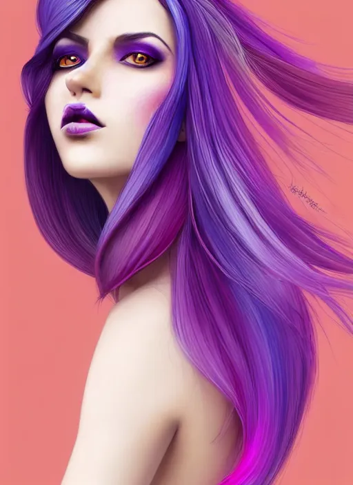 Image similar to Portrait of a woman with bright colored flying hair, all shades of purple. Hair coloring, beautiful lips and makeup. Hair fluttering in the wind, amber eyes, face, long hair, fantasy, intricate, elegant, highly detailed, digital painting, artstation, concept art, smooth, sharp focus, illustration, art by artgerm and greg rutkowski and alphonse mucha