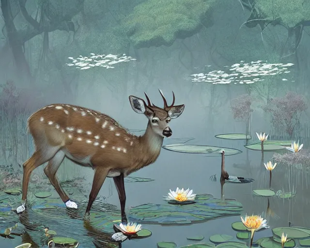 Image similar to a deer spirit walking in shallow water, surrounded by lily pads, digital art, illustrated by james gurney and victo ngai