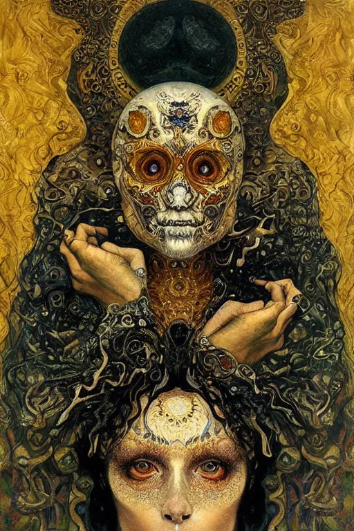 Image similar to Memento Mori by Karol Bak, Jean Deville, Gustav Klimt, and Vincent Van Gogh, beautiful visionary mystical portrait, calavera, otherworldly, fractal structures, ornate gilded medieval icon, third eye, spirals, jeweled calavera by Jean Delville