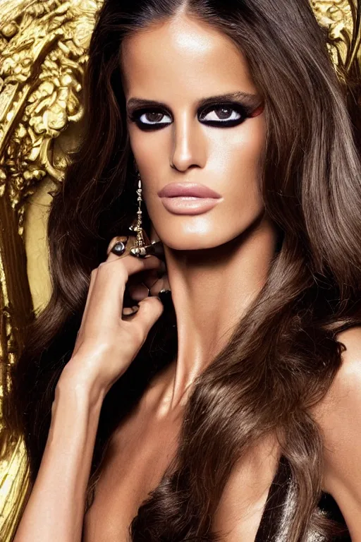 Image similar to A beautiful portrait of Izabel Goulart smiling as G.I. Joe Baroness as a Versace fashion model Spring/Summer 2010, highly detailed, in the style of cinematic, Getty images, Milan fashion week backstage, Extreme close up, Makeup by Pat McGrath, Hair by Guido Palau, Greg rutkowski