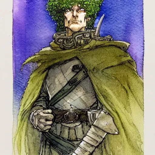 Prompt: a simple and atmospheric watercolour fantasy character concept art portrait of an android soldier with a pomeranian head as a druidic warrior wizard looking at the camera with an intelligent gaze, very muted colors, by rebecca guay, michael kaluta, charles vess and jean moebius giraud