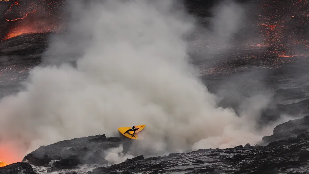 Prompt: medium shot of a person wearing a sponsored team jersey surfing down a river of lava on the side of a volcano on surfboard, action shot, dystopian, thick black smoke and fire, sharp focus, medium shot