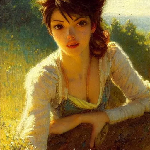 Image similar to intimate Gaston Bussiere portrait of Tracer (Overwatch) in the midst of serene natural scenery