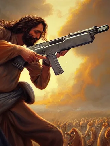 Prompt: jesus christ firing with an ak - 4 7. intricate, elegant, highly detailed, digital painting, artstation, concept art, sharp focus, illustration, by justin gerard and artgerm, 8 k
