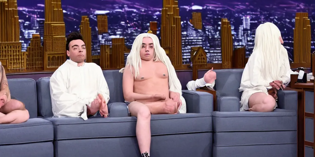 Prompt: Billie Eilish and Jimmy Fallon not wearing any clothes on the tonight show