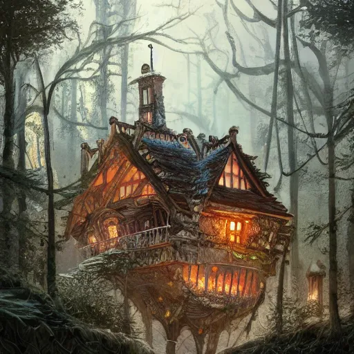 Image similar to a storybook illustration of a ramshackle multistory fairytale hut in the forest, intricate, elegant, fantasy, highly detailed, digital painting, concept art, sharp focus, trending on artstation