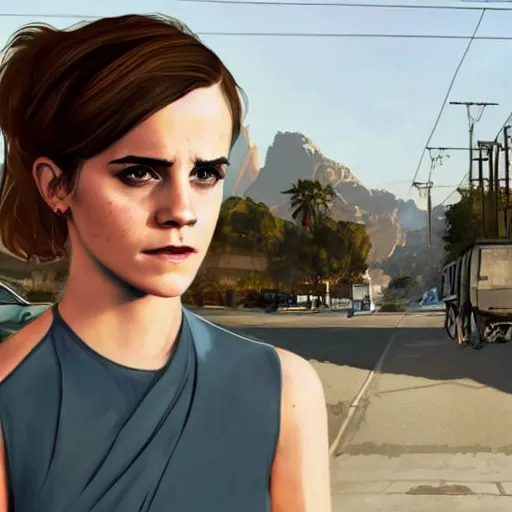 Prompt: emma watson in gta v, cover art by stephen bliss, artstation, no text