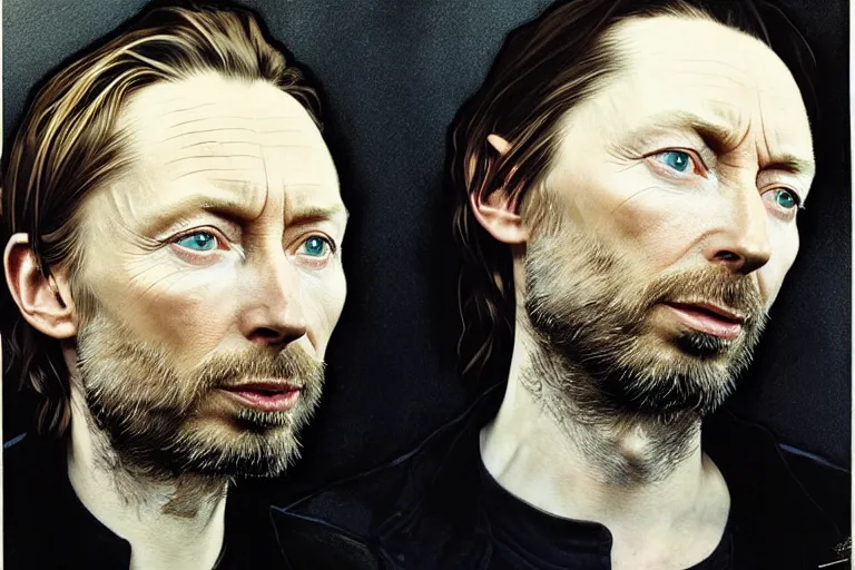 Prompt: hyper realistic portrait of thom yorke mixed with tilda swildon, bigger forehead, bigger chin, from the side, by lee bermejo, alphonse mucha and greg rutkowski