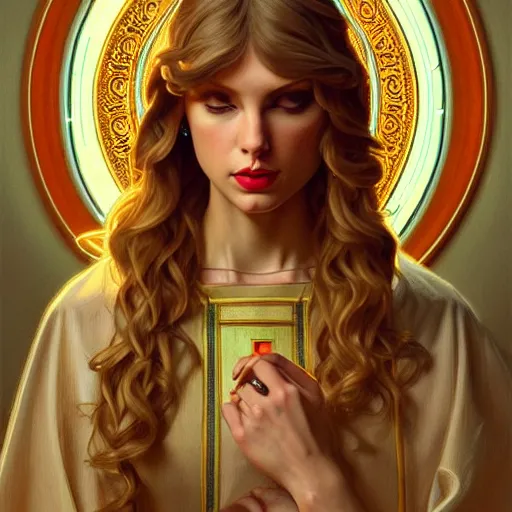 Image similar to intense portrait of taylor swift as a catholic saint, intricate, elegant, highly detailed, my rendition, digital painting, artstation, concept art, smooth, sharp focus, illustration, art by artgerm and greg rutkowski and alphonse mucha