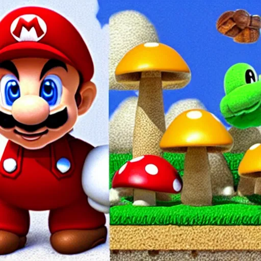 Prompt: hyper-realistic super mario character with realistic mushrooms, goombas and toad. and a realistic yoshi.