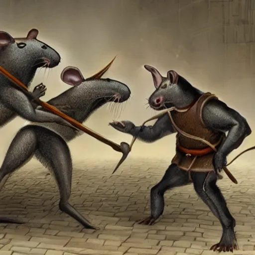 Prompt: a photo of huge rats fighting with knights