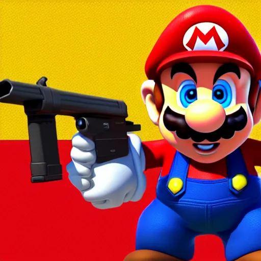 Prompt: Super Mario holding a gun,CG graphics