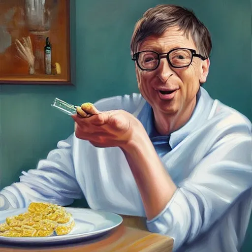 Prompt: an hyper realistic oil painting of Bill Gates eating pharmaceutical products, sitting at a table with a plate full of syringes and pills, looking very sad, trending on artstation,