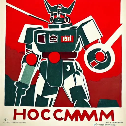 Image similar to detailed soviet propaganda poster of a gundam holding a pickaxe