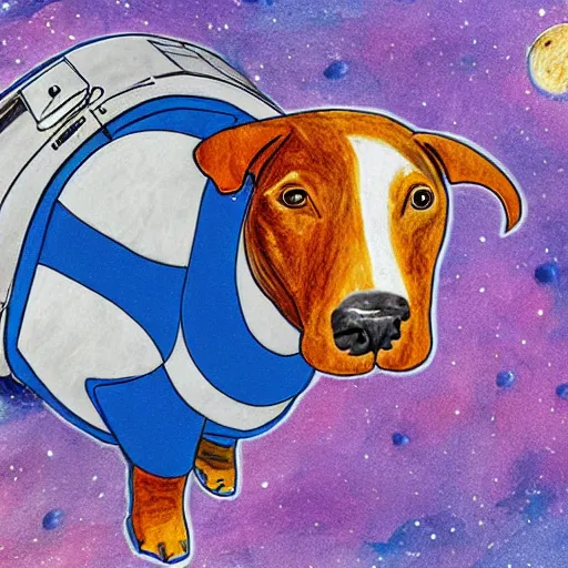 Prompt: A bull terrier in a spacesuit floating in space, colorful drawing