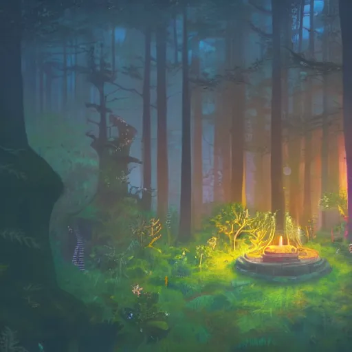 Image similar to hidden temple in the forest, crystals, tilt - shift focus, entrance to ethereal realm, glow, magic circle, magic doorway, mist, bioluminescence, concept art, james gilleard, studio ghibli