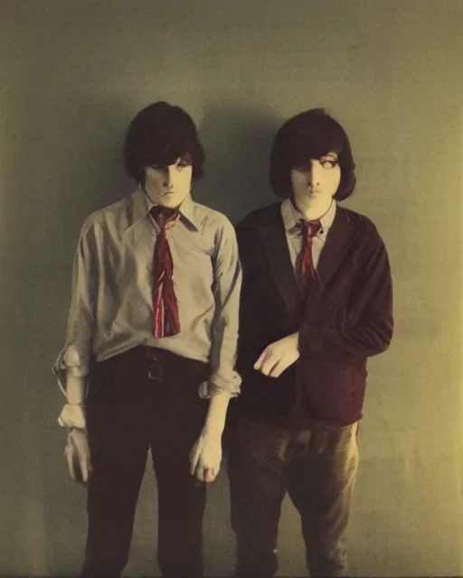 Prompt: an instant photo of two beautiful but sinister young men wearing oxford shirts in layers of fear, with haunted eyes and dark hair, 1 9 7 0 s, seventies, wallpaper, a lot of blood, moonlight showing injuries, delicate embellishments, painterly, offset printing technique, by brom, robert henri, walter popp