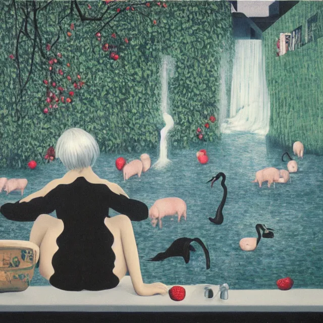 Image similar to painting of flood waters inside an apartment, emo catgirl art student, a river flooding inside, taps with running water, tangelos, zen, pigs, ikebana, water, river, rapids, waterfall, black swans, canoe, pomegranate, berries dripping, acrylic on canvas, surrealist, by magritte and monet