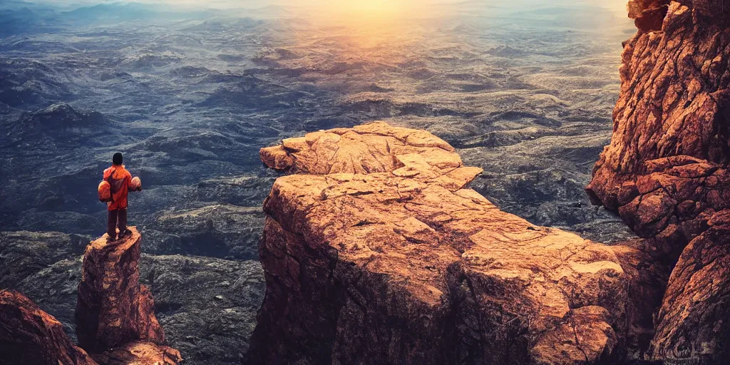 Image similar to Moebius art stryle of a solo backpacker standing on the edge of the world, intense, peace, epic, Thriller, serenity, ready, calm, resolution, apipheny, serendipity, high, clenching, ultra, 8k, HD, detailed, cinematic, dramatic, lighting, bright limited color palette, in focus, sharp, landscape