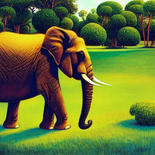 Prompt: Portrait of an elephant on a green meadow, style Carl Barks