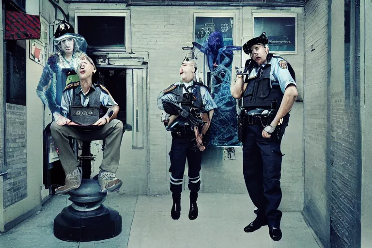 Image similar to 35mm color lomography, last photo, portrait, fashion shoot, weird, random, strange, spooky, hyperdetailed, photorealistic, high fashion, interesting, police station, by David Cronenberg and WETA digital