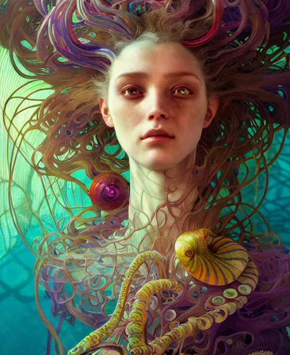 Prompt: intricate colorful transparent portrait of a disturbing beautiful alien mollusk creature, mottled coloring, adorable, childlike, underwater environment, ultra realistic, concept art, art nouveau, photorealistic, octane render, 8 k, unreal engine. art by christopher marley and artgerm and greg rutkowski and alphonse mucha