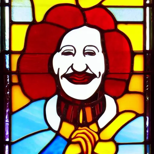 Prompt: Ronald McDonald, stained glass