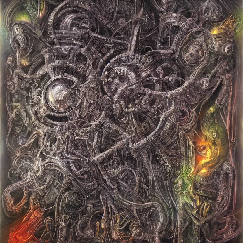 Image similar to biomechanical kali yantra, volumetric shadows and lighting, psychedelic colors, realistic oil painting by h. r. giger,