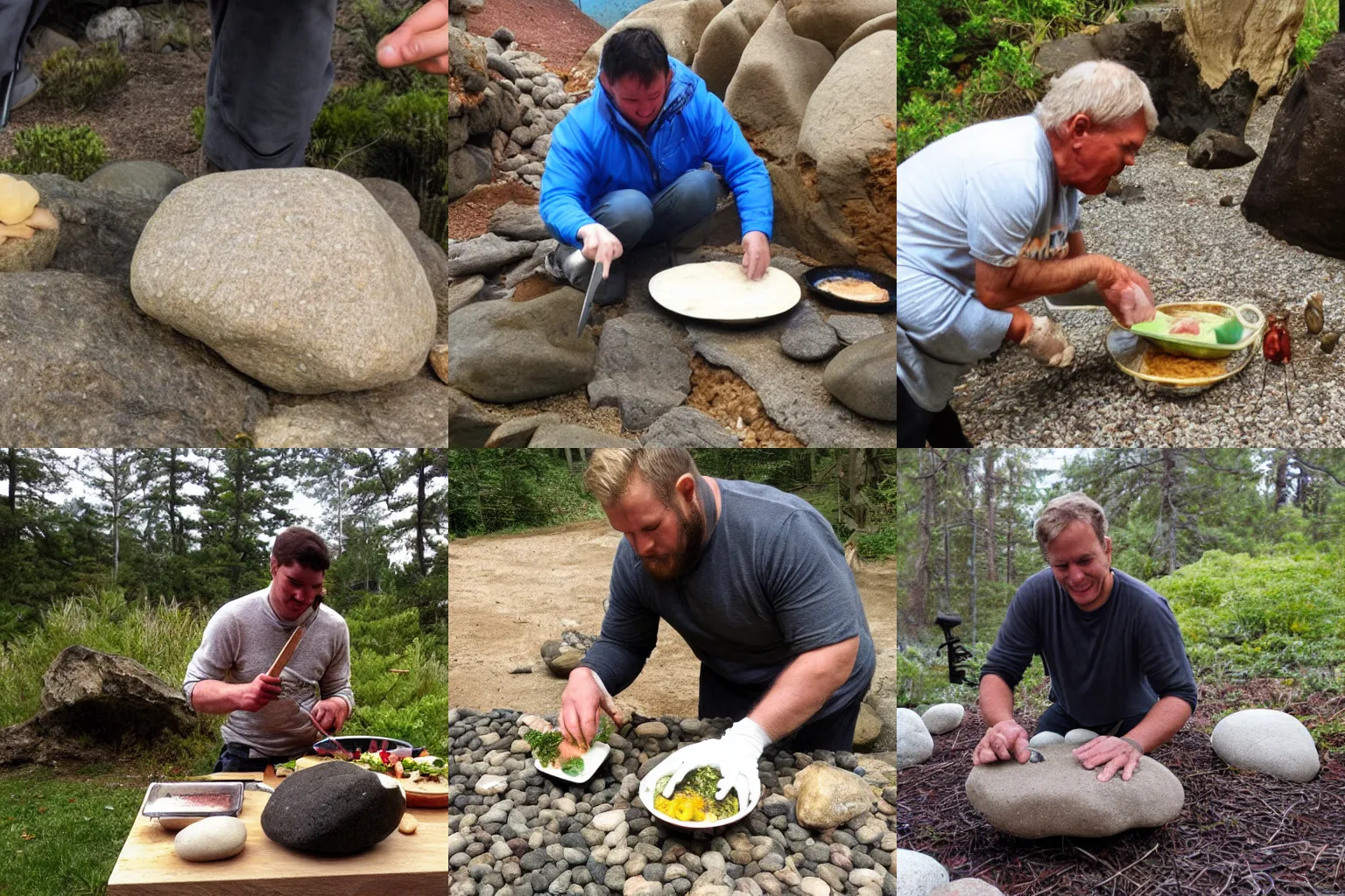 Prompt: a living rock preparing dinner for his pebble family.