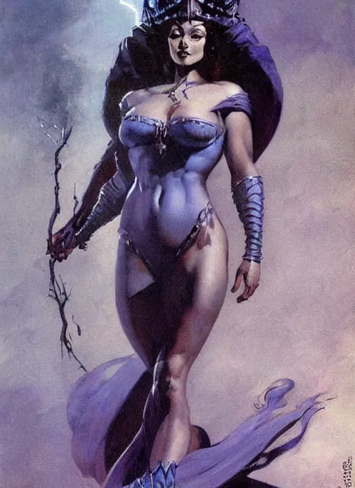 Image similar to mighty plump female sorceress, blue tiara, lightning strike above head, strong line, muted color, beautiful! coherent! by frank frazetta, by brom