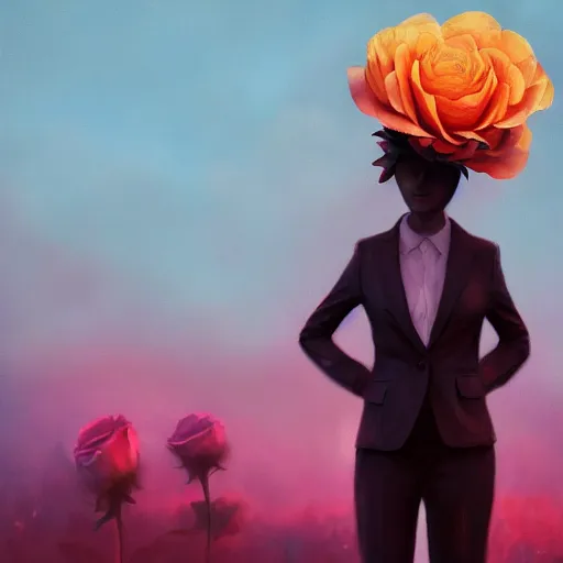 Image similar to giant rose flower head, frontal, girl in a suit, surreal photography, sunrise, dramatic light, impressionist painting, digital painting, artstation, simon stalenhag