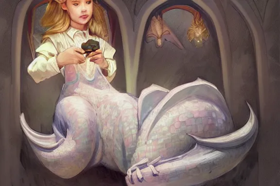 Image similar to little girl in pajamas riding a dragon, realistic portrait, highly detailed, digital painting, artstation, concept art, smooth, sharp focus, illustration, cinematic lighting, art by artgerm and greg rutkowski and alphonse mucha