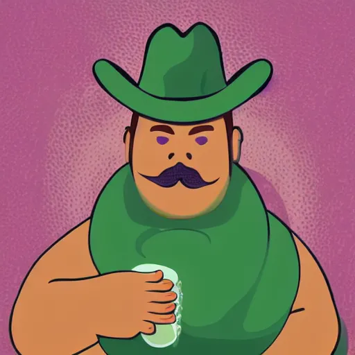 Image similar to hyperreal morbidly obese 2000kilo snake oil salesman wearing authentic purple green sip tech cowboy augmentation and curly snake moustache, fat man standing in front of blank background