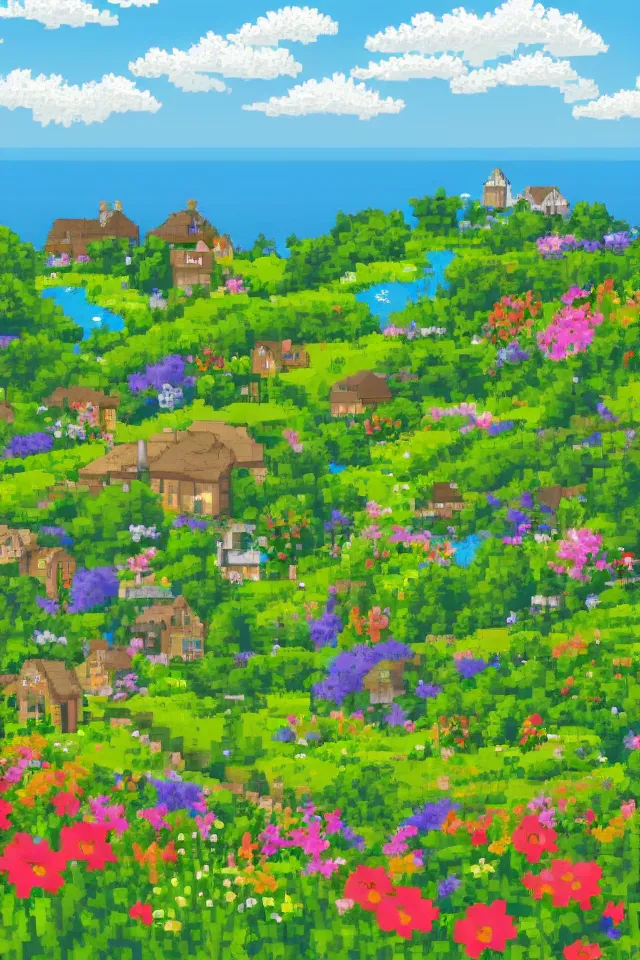 Prompt: a countryside in spring, green hills and blue sky with patches of clouds, nature in all its beauty, some houses in the background, star - shaped flowers in the foreground, we can see the sea, pixel art, detailed,