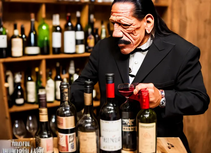 Image similar to photo of danny trejo working as a sommelier, 8 k, 5 2 mm f 1. 8