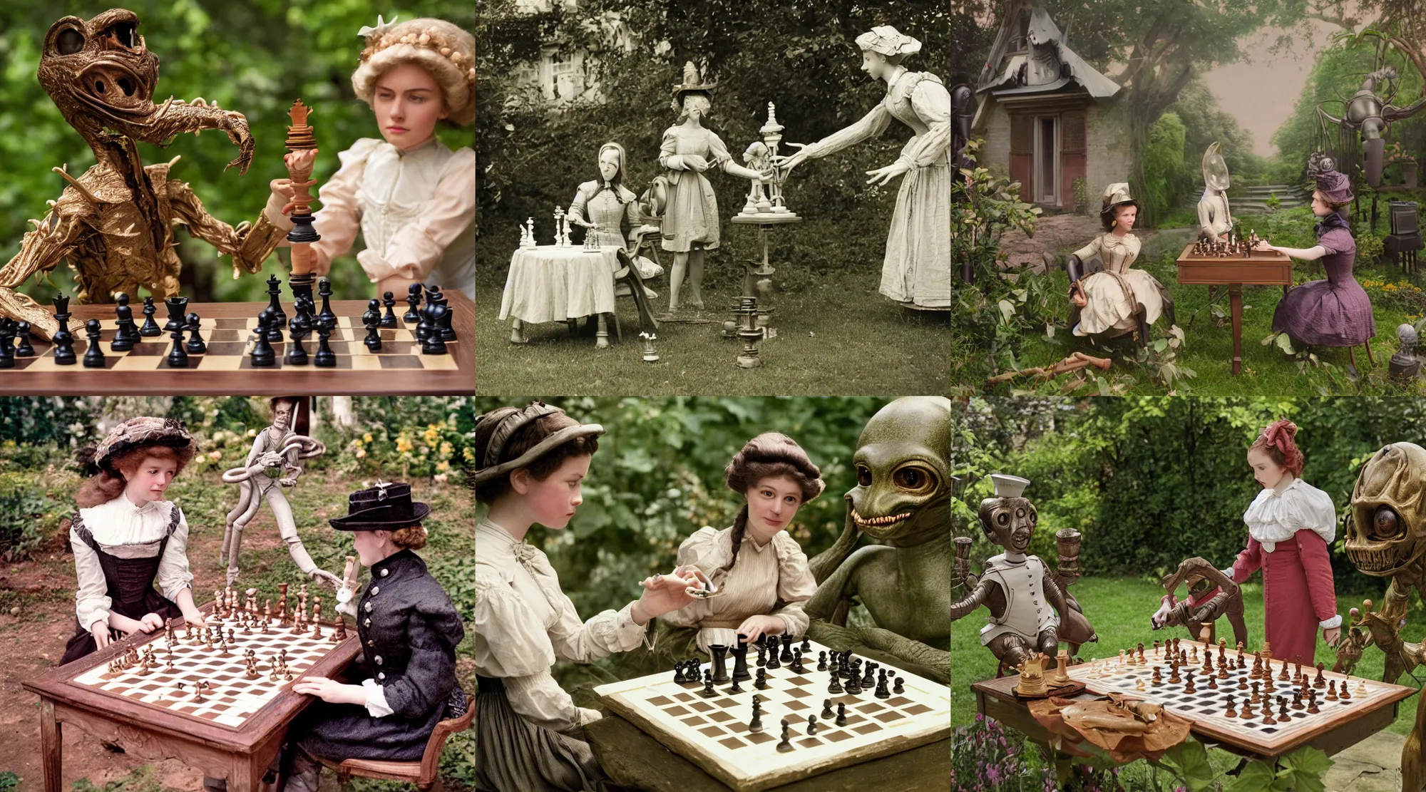 Prompt: detailed, sharp, a girl playing chess with a cute humanoid alien, wearing 1850s era clothes, in the garden of a house on an alien planet, extremely highly detailed, highly detailed faces, 70 mm film still from a period sci fi color movie, 4k, HD, good lighting