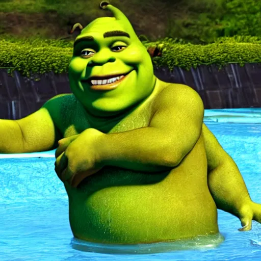 Prompt: shrek in a water slide, realistic photo, hyperrealistic