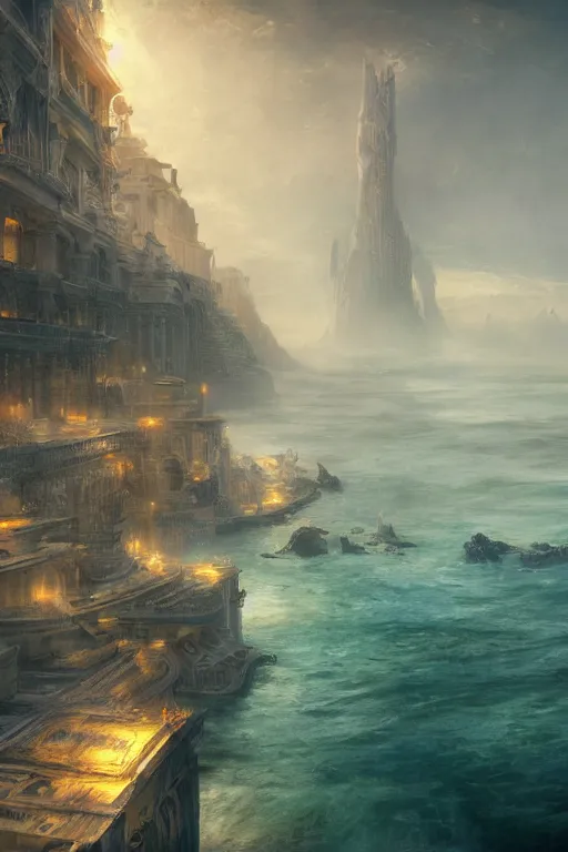 Image similar to magnificent view of the city of atlantis rising on the sea, intricate, elegant, volumetric lighting, digital painting, highly detailed, artstation, sharp focus, illustration, concept art, ruan jia, steve mccurry