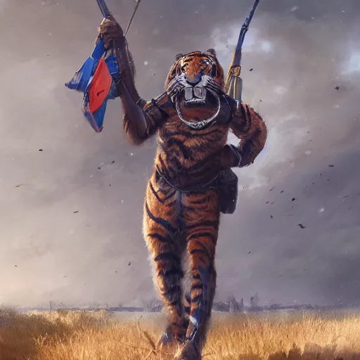 Image similar to a aesthetic award winning commission portrait of a fit anthro tiger wearing military uniform,digital art,art by greg rutkowski,art germ,charles bowater,trevor henderson,detailed beautfiul face,photorealistoc,hyperdetailed,dramatic,artstation,deviantart,professional lighting