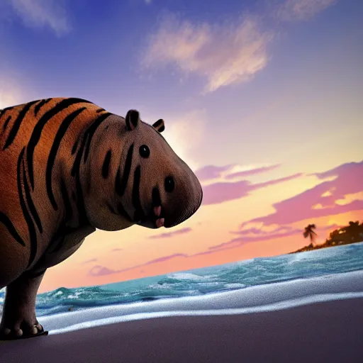 Image similar to a closeup photorealistic photograph of a cute tiger hippo playing volleyball at the beach during sunset. Surf in the background. This 4K HD image is Trending on Artstation, featured on Behance, well-rendered, extra crisp, features intricate detail and the style of Unreal Engine.