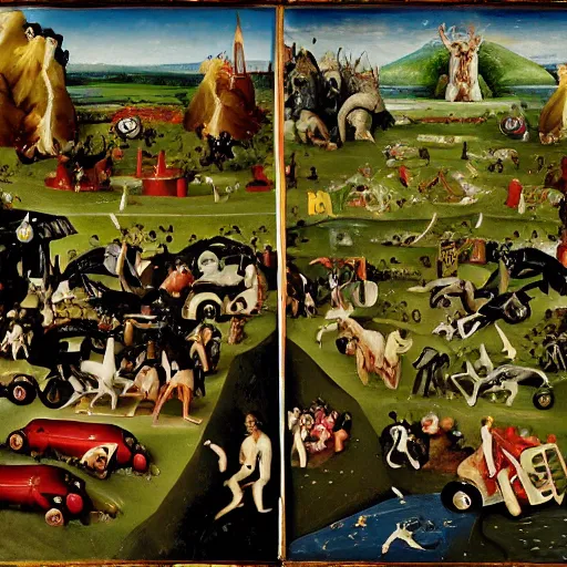 Prompt: all terrain vehicle race, in the style of the garden of earthly delights painting by jerome bosch