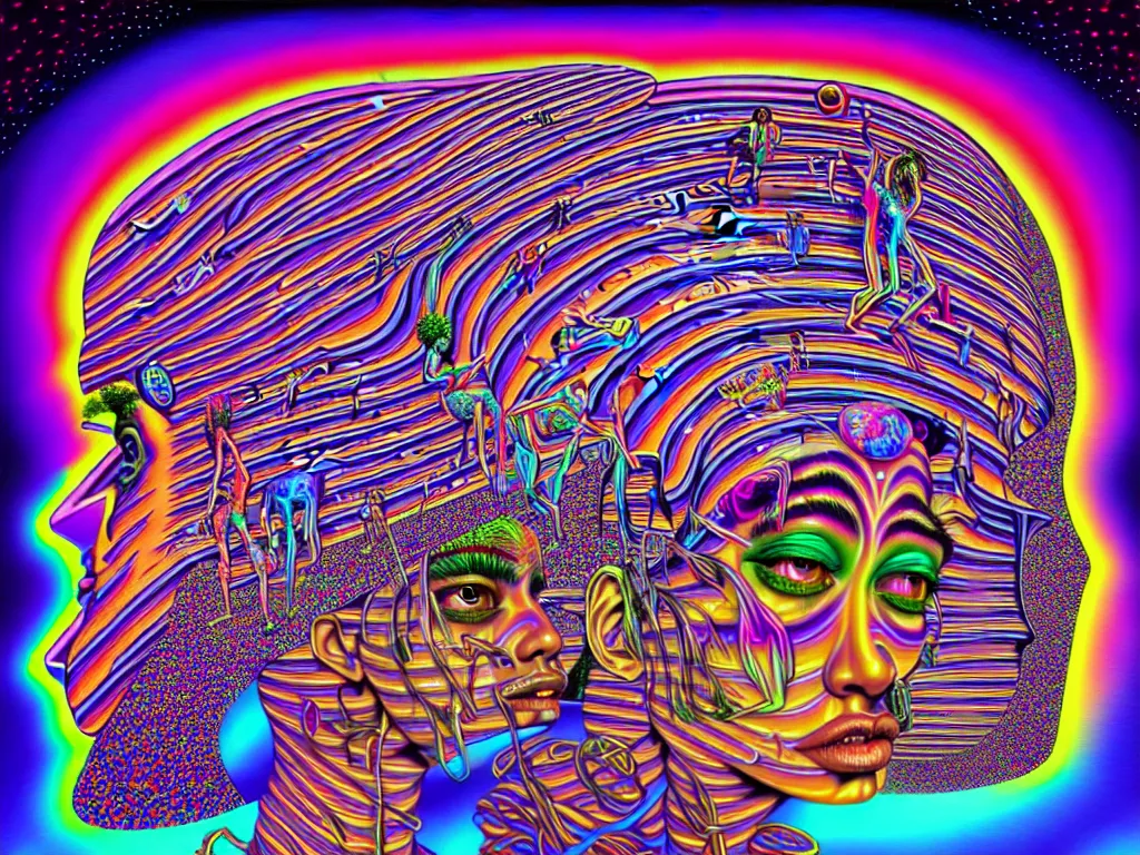 Image similar to a house party, epic angle, happy, psychedelic, hip hop, surreal, neon, vaporwave, detailed, illustrated by Alex Grey, 4k