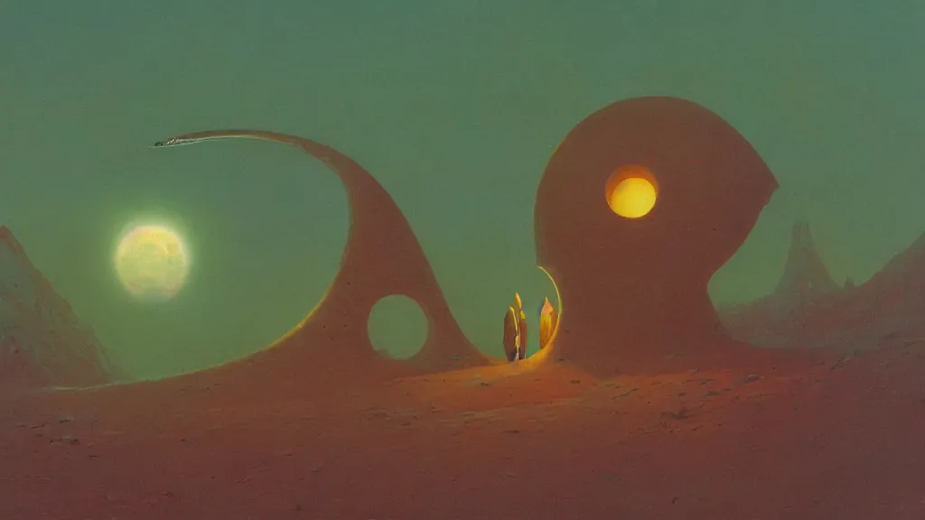 Image similar to mysterious whimsical sculpture of an alien crescent moon by paul lehr and john schoenherr and john harris, cinematic matte painting