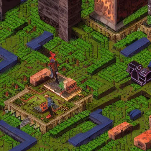 Image similar to hyper detailed isometric view of a young cyberpunk explorer in a forest, final fantasy tactics screenshot