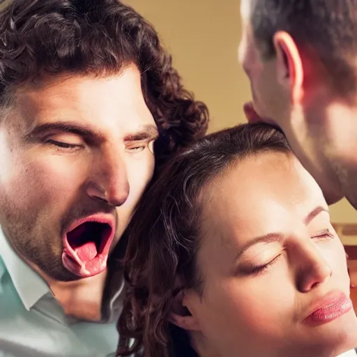 Image similar to a man licking a women's hair, the women's eyes are looking at the man who is to her left.