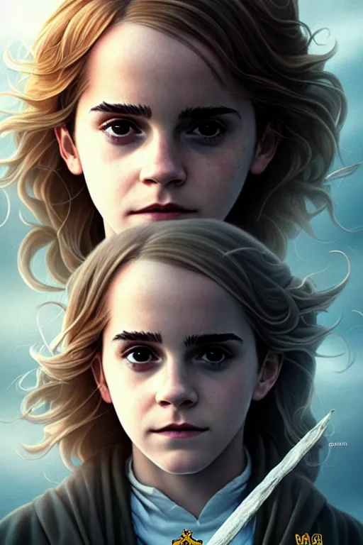 Image similar to Poster artwork, Emma Watson as Hermione Granger, wearing hogwarts!!! robes!!!, young!!!, prisoner of Azkaban, magnificent, close up, details, sharp focus, elegant, highly detailed, illustration, by Jordan Grimmer and greg rutkowski and PiNe(パイネ) and 薯子Imoko and 香川悠作 and wlop!!!! and maya takamura, intricate, beautiful, sunset!!!, Trending artstation, pixiv, digital Art