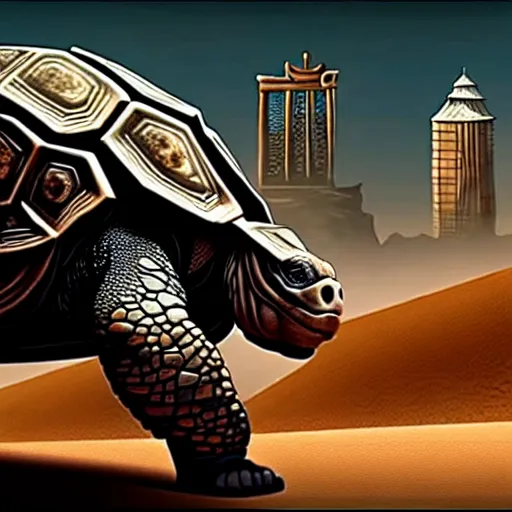 Prompt: Large Fantasy Cityscape located on the back of a Giant tortoise stomping through the hot sunny desert, High detail, Dungeons and Dragons 4k